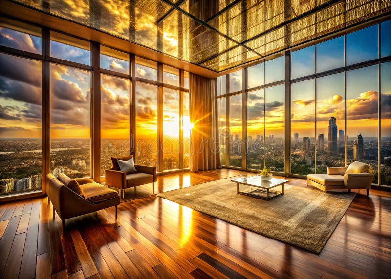 Tramonto Maestoso Illumina un Grande Spazio Abitativo Una Prospettiva Aerea di Architettura d'Interni di Lusso royalty illustrazione gratis