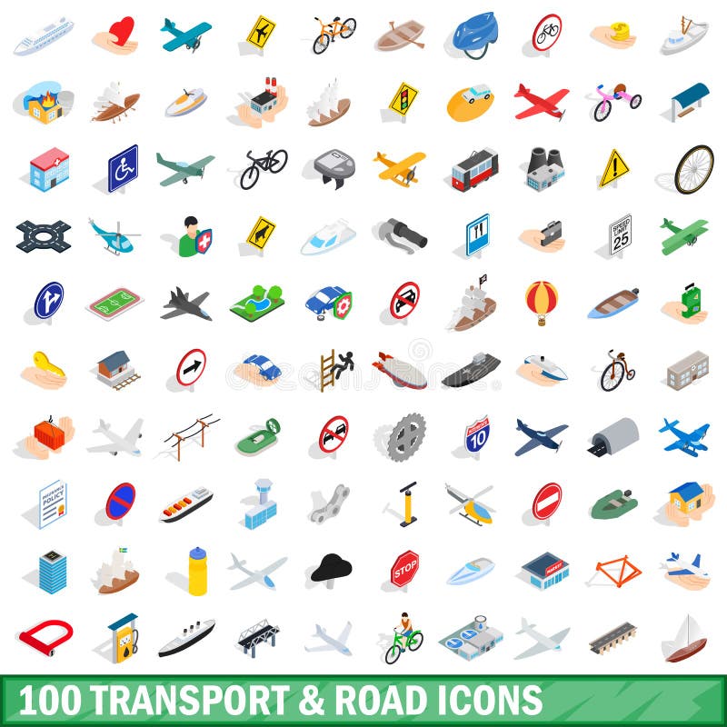 100 il trasporto ed icone della strada hanno messo, stile isometrico illustrazione di stock 100 il trasporto ed icone della strada hanno messo, stile isometrico illustrazione di stock