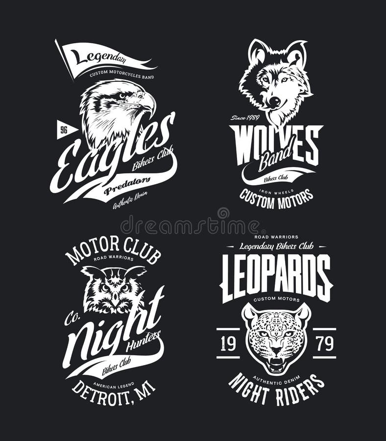 Il vettore d'annata della maglietta del club dei motociclisti del leopardo, del lupo, dell'aquila e del gufo ha isolato l'insieme illustrazione di stock Il vettore d'annata della maglietta del club dei motociclisti del leopardo, del lupo, dell'aquila e del gufo ha isolato l'insieme illustrazione di stock
