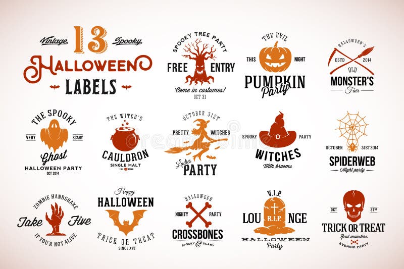 Il vettore d'annata spettrale di tredici Halloween Badges, etichette o Logo Templates Zucca, fantasma, cranio, ossa, pipistrelli illustrazione di stock Il vettore d'annata spettrale di tredici Halloween Badges, etichette o Logo Templates Zucca, fantasma, cranio, ossa, pipistrelli illustrazione di stock