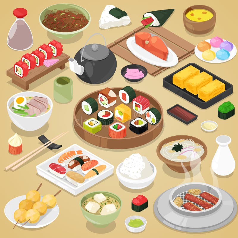 Il vettore giapponese dell'alimento mangia il rotolo del sashimi dei sushi o nigiri e frutti di mare con riso nell'illustrazione