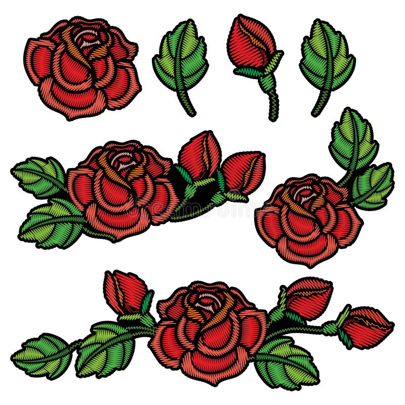 Il vettore ha messo con composizione del fiore, del germoglio e delle foglie verdi della rosa rossa del ricamo isolati Toppa flor royalty illustrazione gratis Il vettore ha messo con composizione del fiore, del germoglio e delle foglie verdi della rosa rossa del ricamo isolati Toppa flor royalty illustrazione gratis