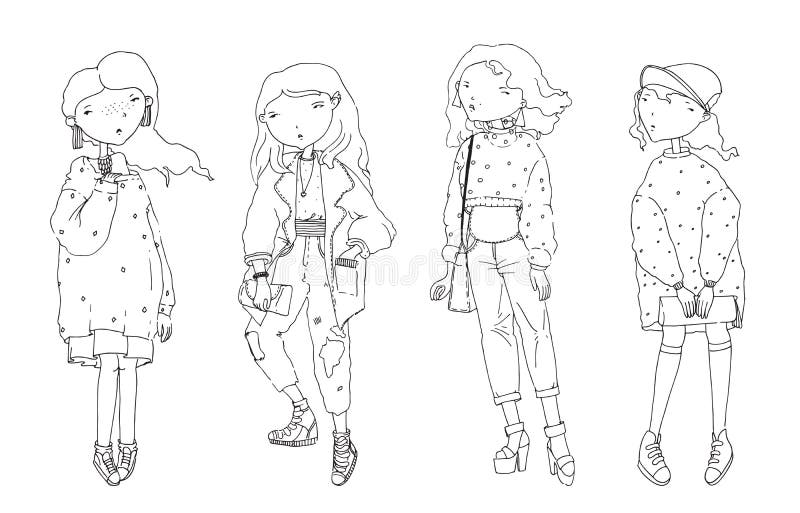 Il vettore ha messo con le ragazze sveglie adorabili di modo in maglioni ed in cardigan surdimensionati Illustrazione disegnata a illustrazione vettoriale Il vettore ha messo con le ragazze sveglie adorabili di modo in maglioni ed in cardigan surdimensionati Illustrazione disegnata a illustrazione vettoriale