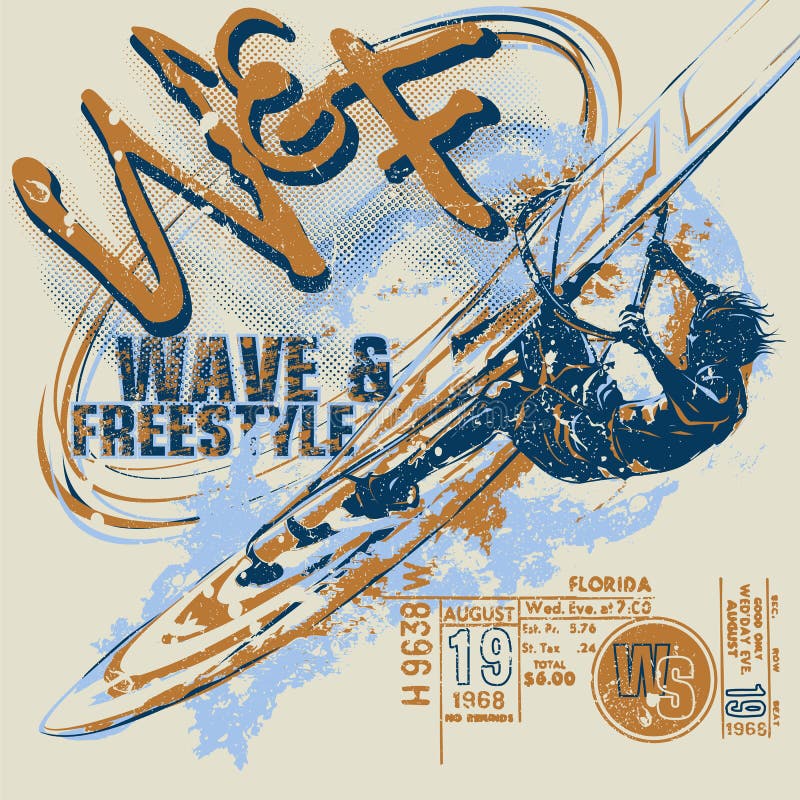 Il Windsurfer con i grafici del biglietto, colloca sul tee la progettazione grafica royalty illustrazione gratis Il Windsurfer con i grafici del biglietto, colloca sul tee la progettazione grafica royalty illustrazione gratis