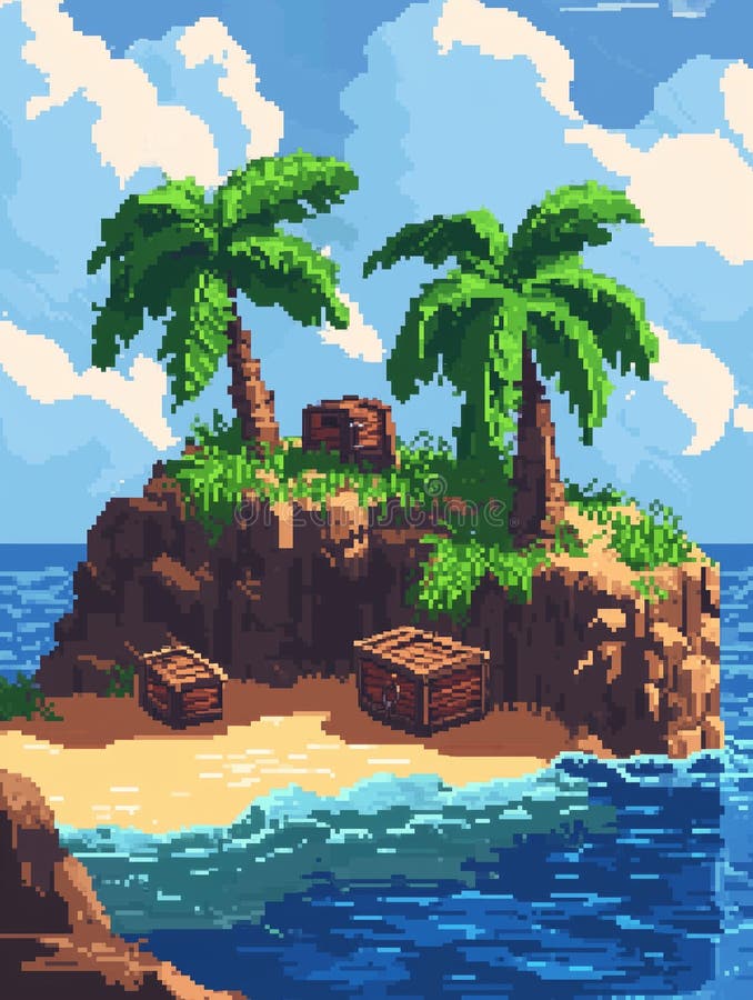Ile de pirates pixelée avec des boîtes au trésor palmiers et une vue sereine sur l'océan en journée image libre de droits