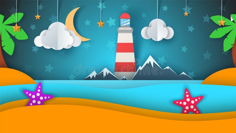 Ilha de papel dos desenhos animados Praia, palma, estrela, nuvem, montanha, lua, mar ilustração royalty free Ilha de papel dos desenhos animados Praia, palma, estrela, nuvem, montanha, lua, mar ilustração royalty free