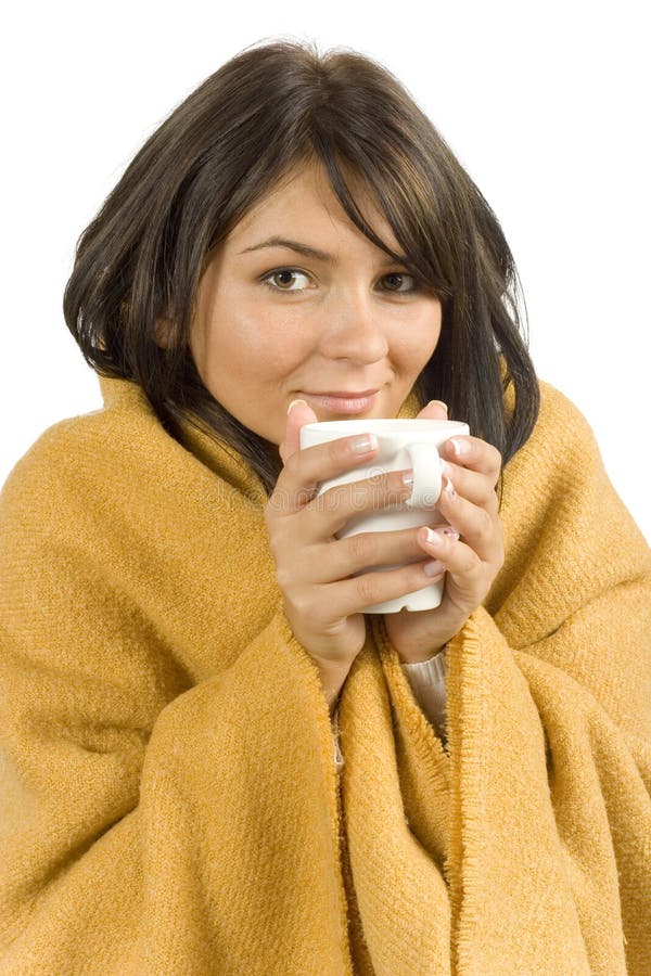 Izolované nemocná žena s hot cup.