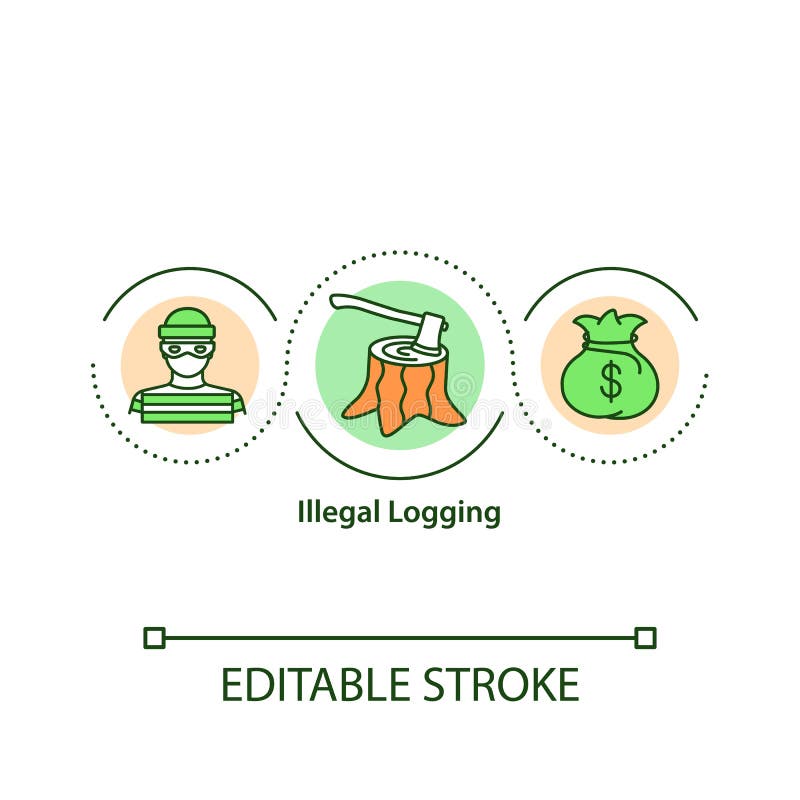 Illegal logging concept icon. Deforestation idea thin line illustration. Harvesting timber from protected areas. Biodiversity loss. Vector isolated outline RGB color drawing. Editable stroke. Biodiversity loss icon vectors