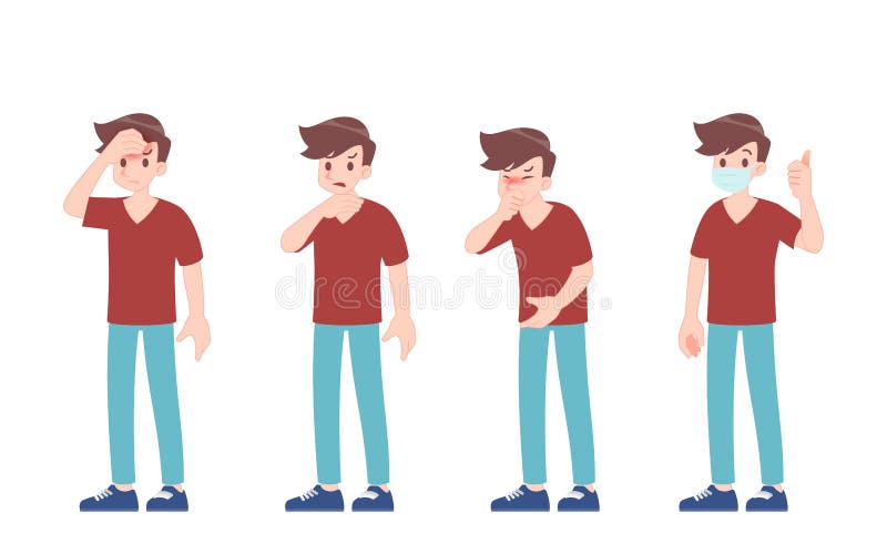Illness symptoms of a viral infection and respiratory. A sick man in action of coughs, Headache, sore throat, fever. Vector stock illustration