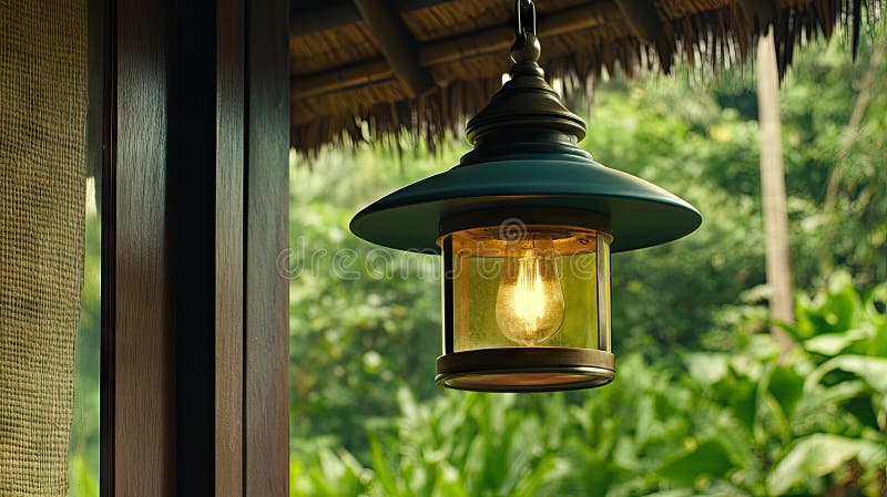 Iluminați serile exterioare cu o lanternă rustică teală strălucind ușor într-o grădină luxoasă și plină de viață stock photography