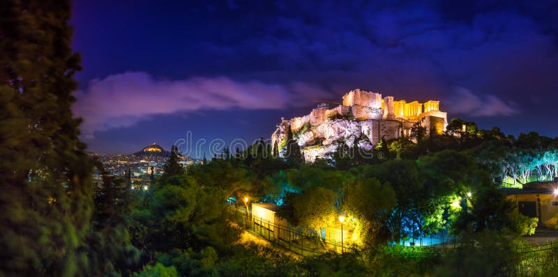 Illuminated Acropolis with Parthenon at night, Greece. stock images Illuminated Acropolis with Parthenon at night, Greece. stock images