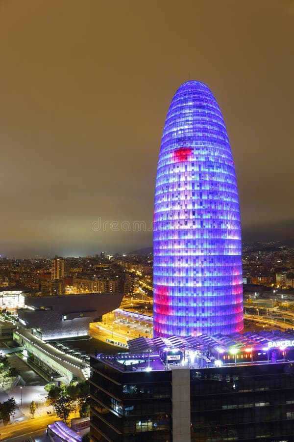 Illuminated Agbar Tower and city of Barcelona, Catalonia, Spain. Illuminated Agbar Tower and city of Barcelona, Catalonia, Spain