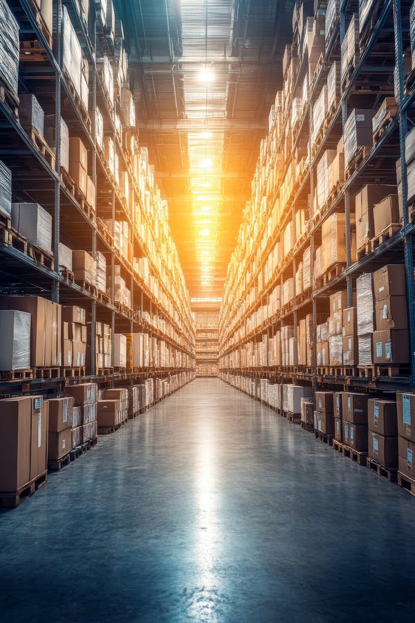 Illuminated aisle in distribution warehouse, packed shelves, storage, logistics concept. vector illustration