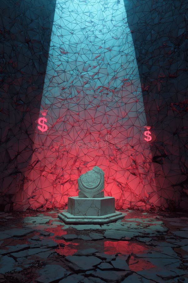 A glowing light highlights a stone monument, surrounded by intricate polygonal walls. The vibrant red and blue neon lighting creates an artistic atmosphere, blending abstract geometry with classical design. The scene conveys a sense of contrast, combining ancient elements with modern effects, inspiring mystery and intrigue. Abstract classical stock images, royalty-free photos and pictures