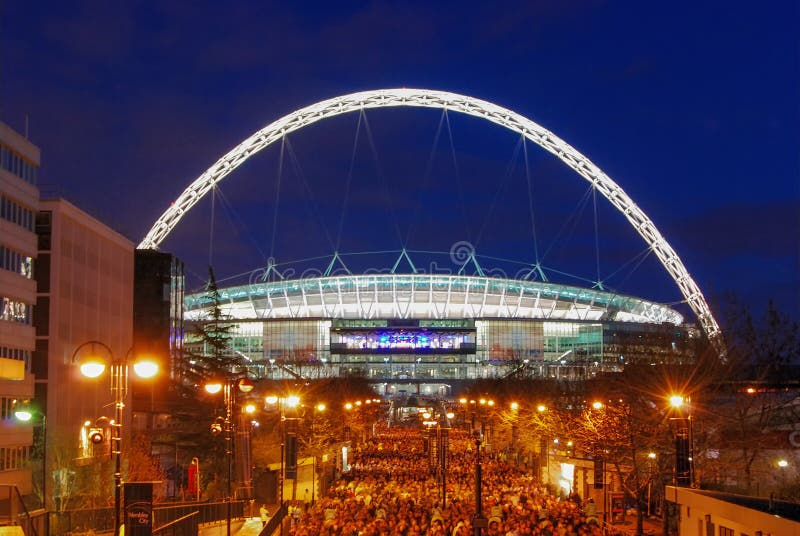 The Illuminated Arch of Wembley Stadium in London Editorial Photography