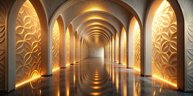 Illuminated architectural corridor with intricate wall design and reflective floor. Generative AI vector illustration