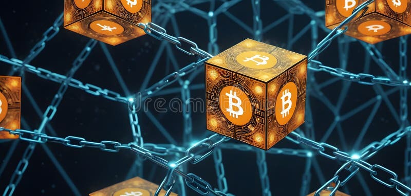 Illuminated Bitcoin Cube Chain AI Generative stock images