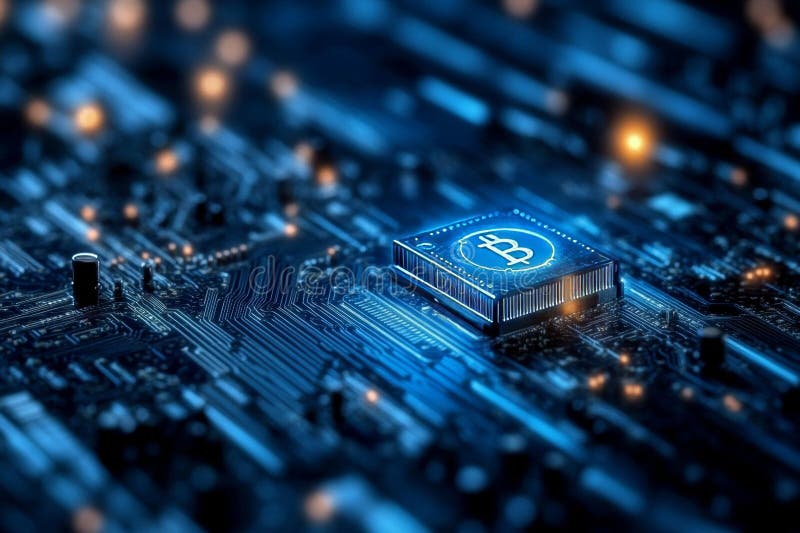 Illuminated Bitcoin Symbol on Quantum Circuit Board, Highlighting the Future of Fintech Innovation royalty free illustration