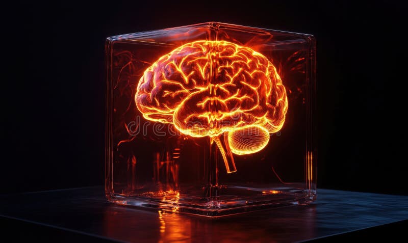 Illuminated Brain Model in Glass Cube, Radiant Neural Structure, Futuristic Design, Abstract Art, Science and Technology royalty free stock photography