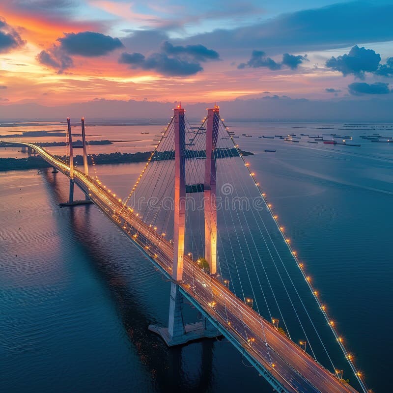 Illuminated cable-stayed bridge at sunset over calm water. Illuminated pylons stock images, royalty-free photos and pictures