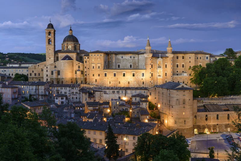 Illuminated castle Urbino Italy