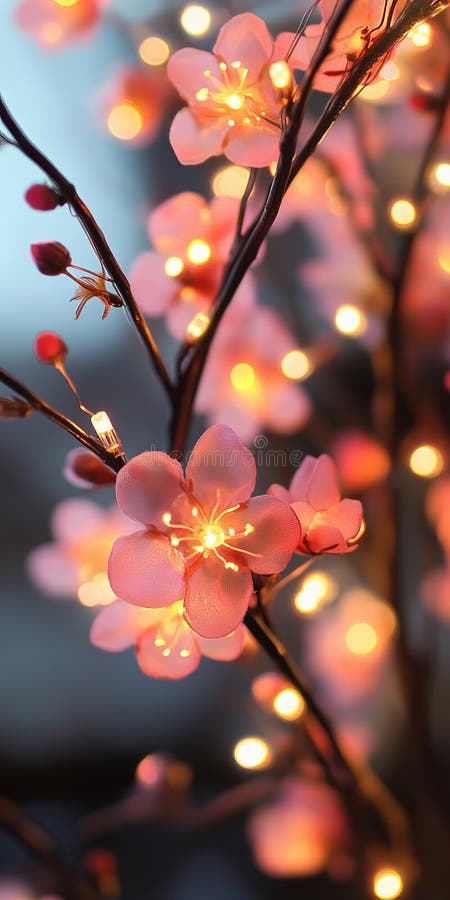 Illuminated Cherry Blossom Branch with Warm Glowing Lights in a Soft Focus Background. Close-up of a cherry blossom branch adorned with glowing lights, creating a warm and enchanting atmosphere. Generative AI