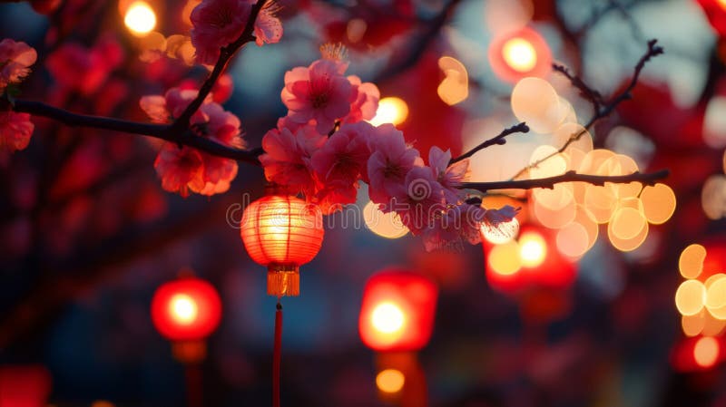 Illuminated Cherry Blossoms with Red Lanterns vector illustration