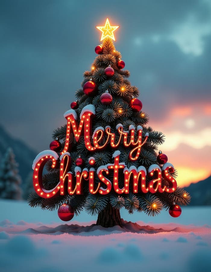 Illuminated Christmas Tree with Merry Christmas Sign. royalty free illustration