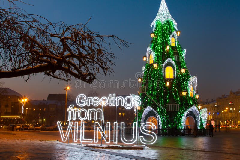 Illuminated Christmas tree in the Old Town of Vilnius, Lithuania, winter 2015-2016 royalty free stock images Illuminated Christmas tree in the Old Town of Vilnius, Lithuania, winter 2015-2016 royalty free stock images