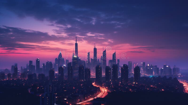 An illuminated city skyline against a dusky, pink-tinged horizon. AI Generative.