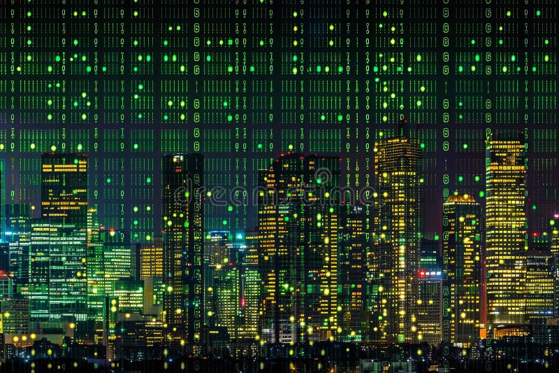 Illuminated cityscape at night with binary code a representation of big