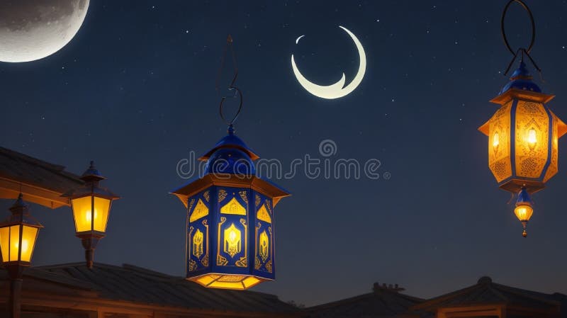Un felinar ramadan colorat aprins împotriva... stock illustration