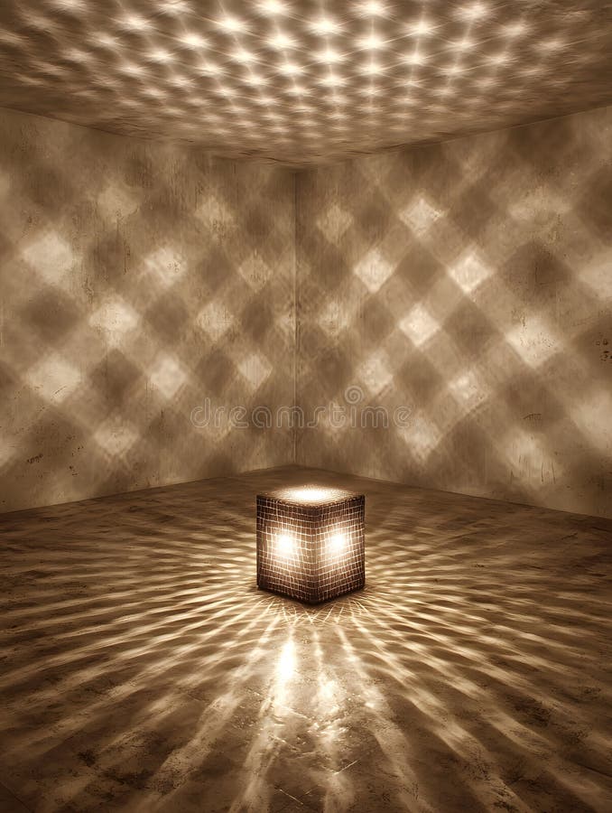 Illuminated cube casting intricate light patterns stock photography