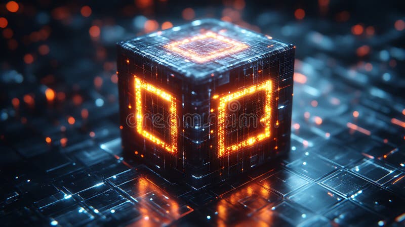 Illuminated Cube Digital Technology Abstract Design stock illustration