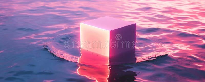 Illuminated cube floating on water at sunset, abstract concept royalty free stock photos