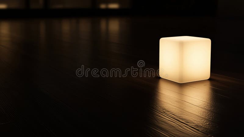 Illuminated cube lamp on wooden floor, soft glow, modern ambiance royalty free stock images
