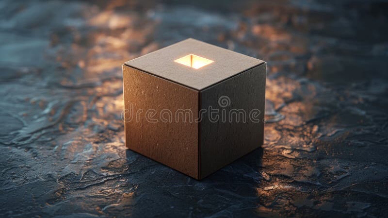 Illuminated cube on textured surface. stock photos