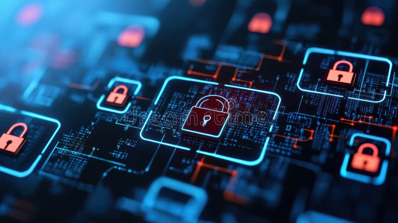 Illuminated cybersecurity lock on circuit board, protecting digital data and network security stock illustration
