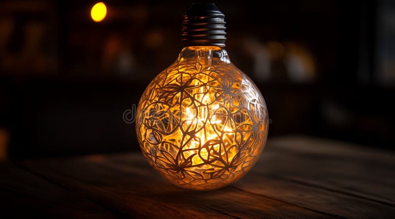 Illuminated Decorative Edison Bulb with Intricate Etched Design on Wooden Table stock image