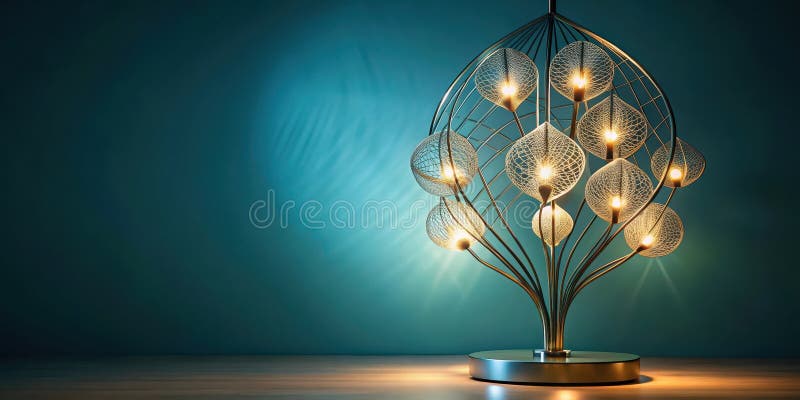 Illuminated decorative table lamp with intricate metalwork and warm light emitting from multiple spherical shades. Generative AI vector illustration
