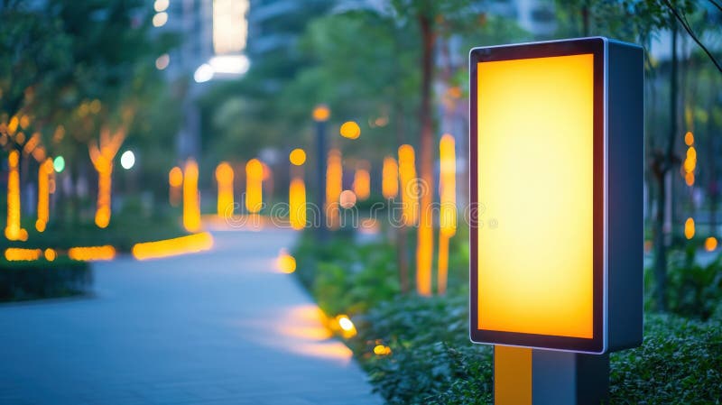 Illuminated Digital Billboard Along City Park Path at Night royalty free stock images