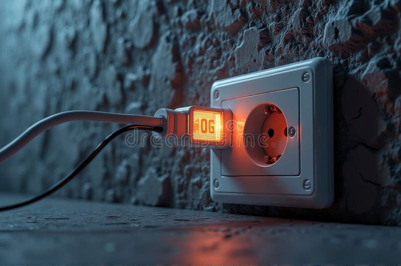 Illuminated digital display plugged into european wall socket in dimly lit room royalty free stock images