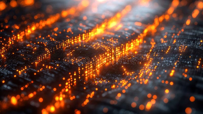 Illuminated digital financial data in warm orange tones, representing dynamic market activity and analytics in a royalty free stock image