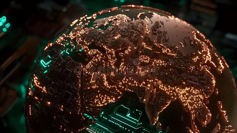 Illuminated digital globe displaying global connectivity at night stock photo