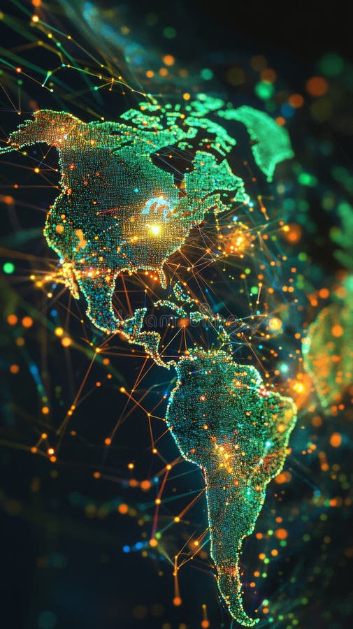 Illuminated digital map of americas with network connections and glowing nodes royalty free stock photos