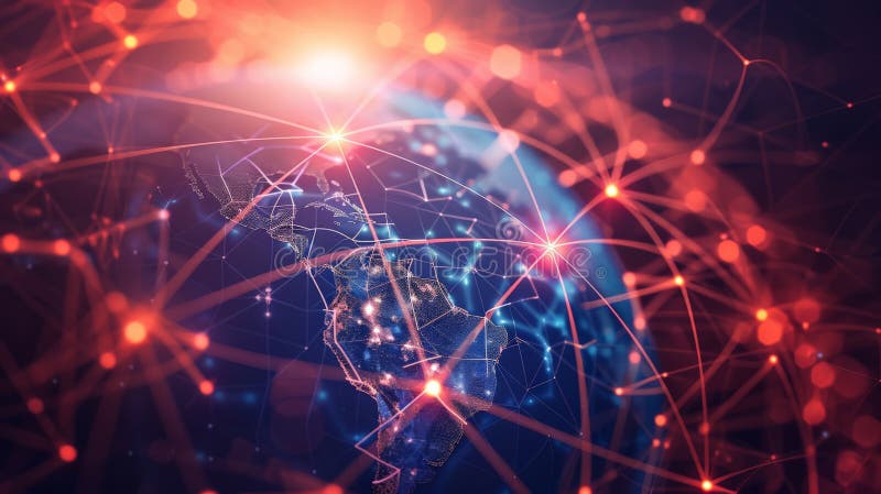 Illuminated digital map of North and South America with interconnected network nodes. Global communication and data stock image