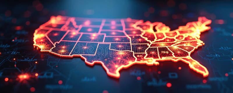 Illuminated digital network on USA map, connectivity concept. Data transmission, internet infrastructure, cyberspace idea. Glowing royalty free stock image