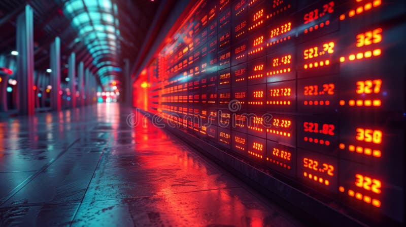 Illuminated Digital Stock Ticker Display In Modern Urban Setting At Night stock photos