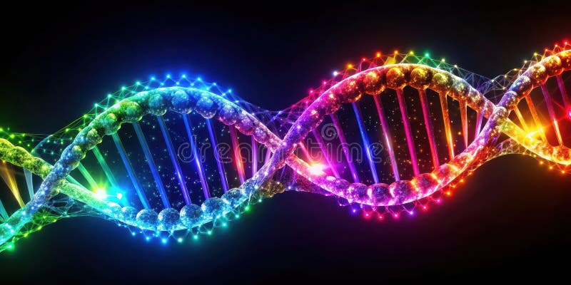 Illuminated dna double helix a vibrant, multicolored representation of genetic code. Generative AI stock illustration