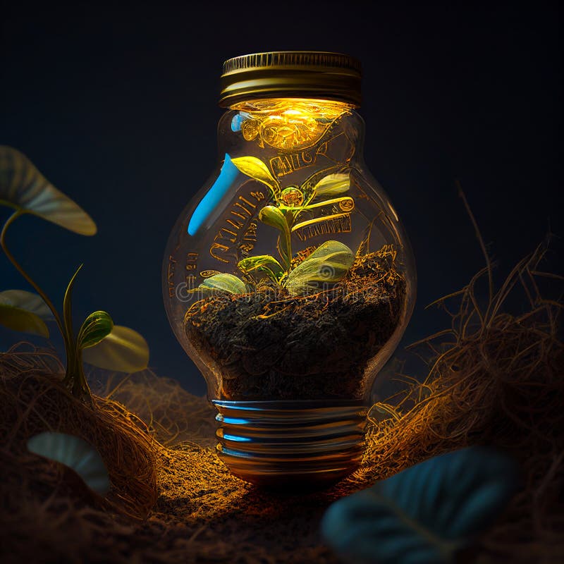 Illuminated double bulb with plants inside, generated AI stock illustration